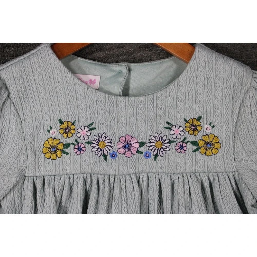 Bonnie Jean Girls Sage Green Cable Knit Floral Embroidered Dress W3-12907-PL TEA